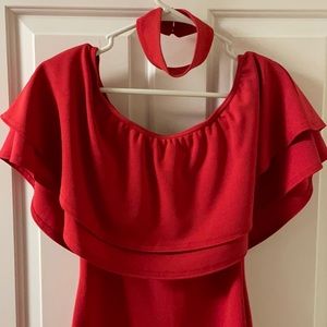 Red off shoulder dress with neck piece